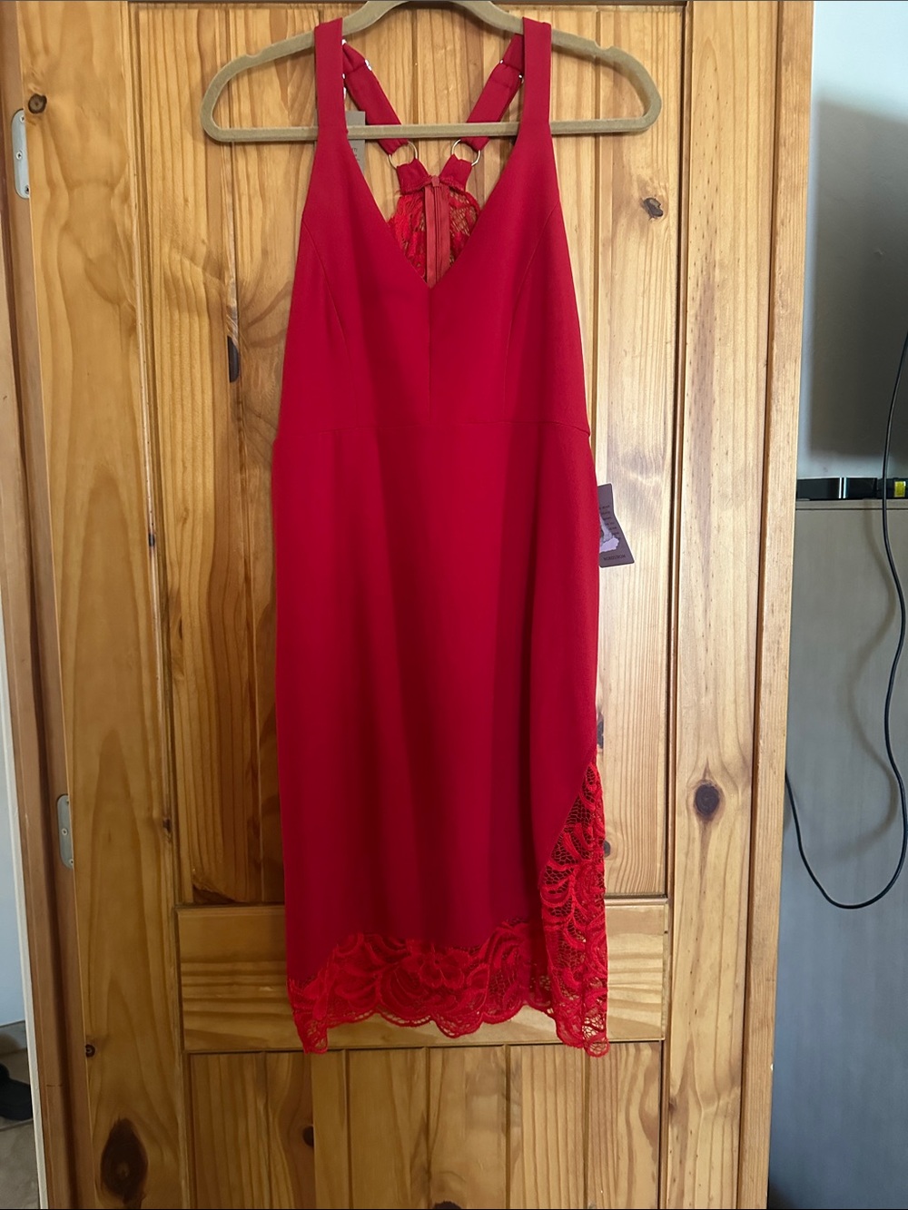 Velvet Torch Red Sleeveless Dress with Lace Trim
